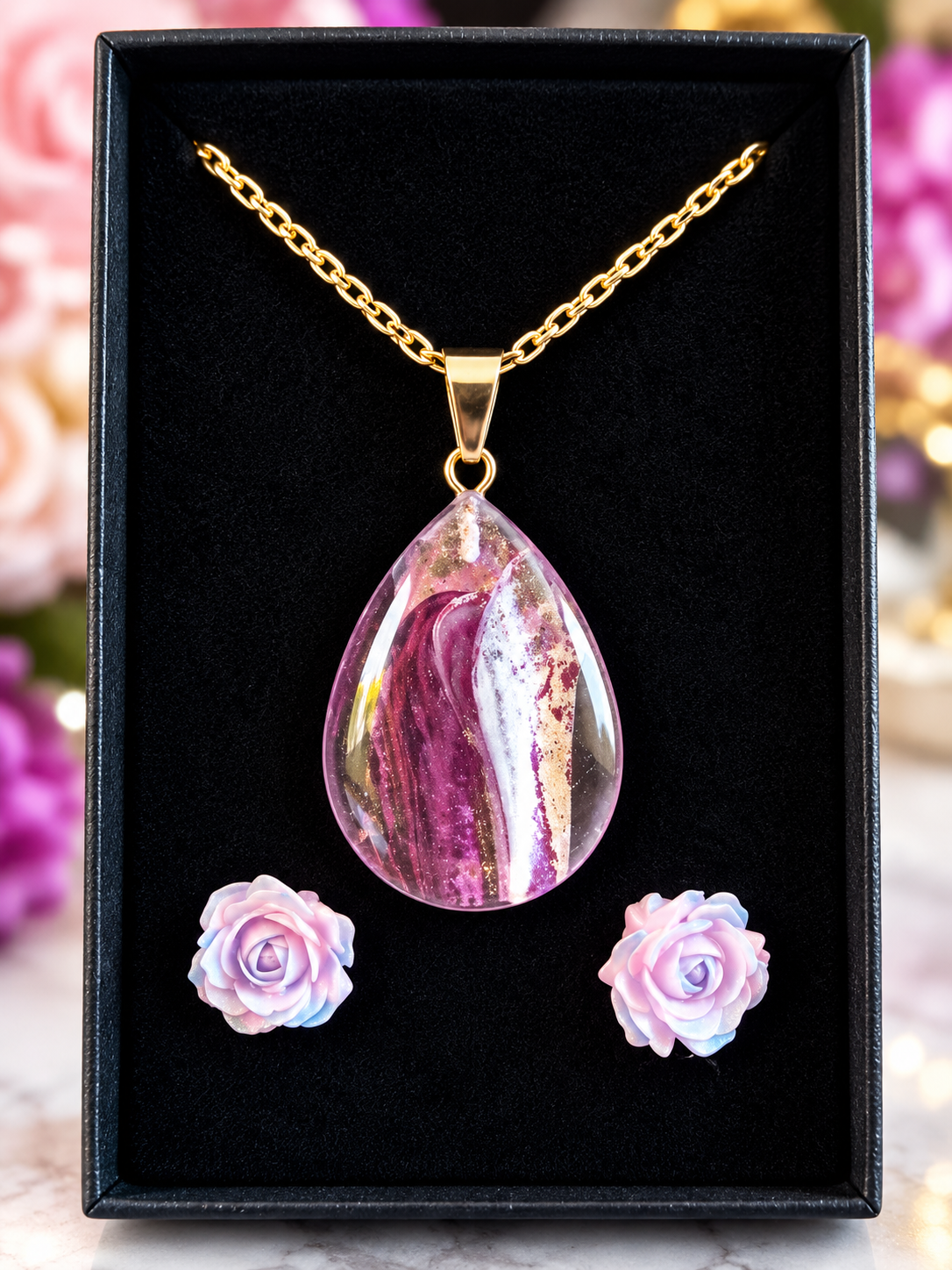 Enchanted Rose Teardrop Necklace & Matching Rose Earrings Set