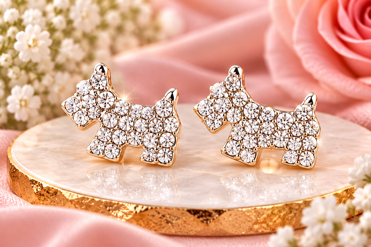 Silver-Plated Stainless Steel Crystal Dog Stud Earrings